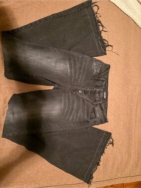 Black Label Washed Black Wide-Leg Frayed-Hem Jeans